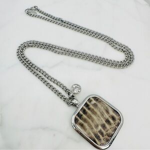Ann Taylor Long Snakeskin Necklace Signed Pendant Square Rhinestone Silver-Tone